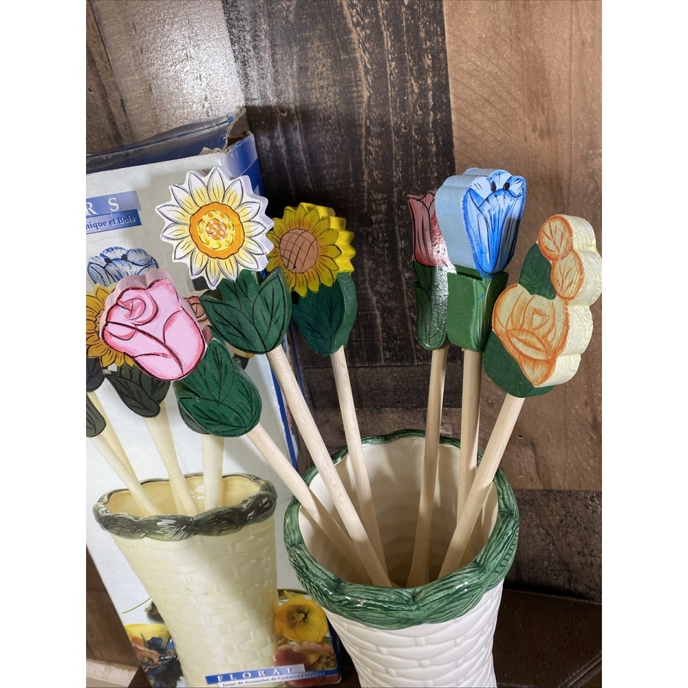 Wooden Cooking‎ Utensil 6 Hand Painted Flower Handle Ceramic Basket Tool Holder - Picture 2 of 16